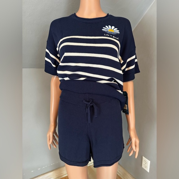 Life is Good Navy Striped Knit Lounge Set - Short Sleeve Top & Shorts, Size S - Picture 7 of 7